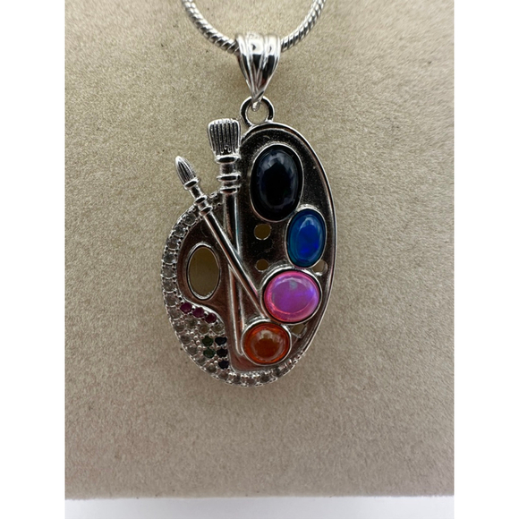 Silver and Opal Artist Palette Pendant on Stainless Steel Chain - Picture 5 of 10